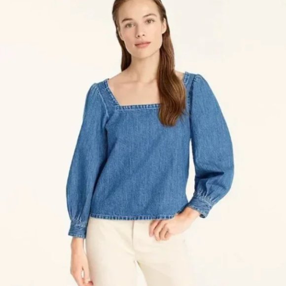 J. Crew Tops - J. Crew Square Neck Chambray Top Puff Sleeves Women's XXS
